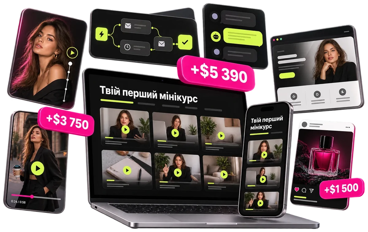 Мінікурс на ноутбуці й телефоні, навколо екрани AI-ніш: портрет, відео, автоматизація, бот, лендинг, креатив товару